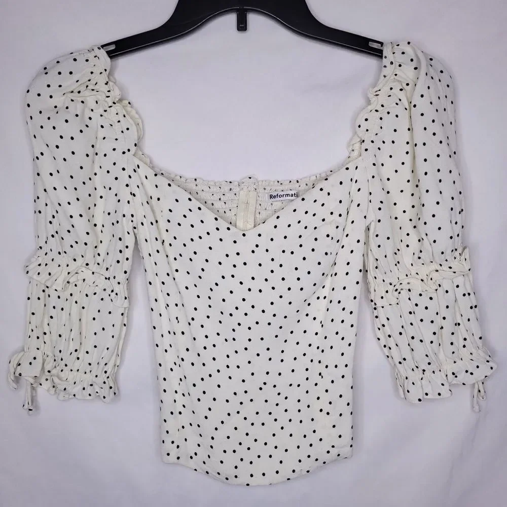Reformation White Polka Dot Puff Sleeve Blouse